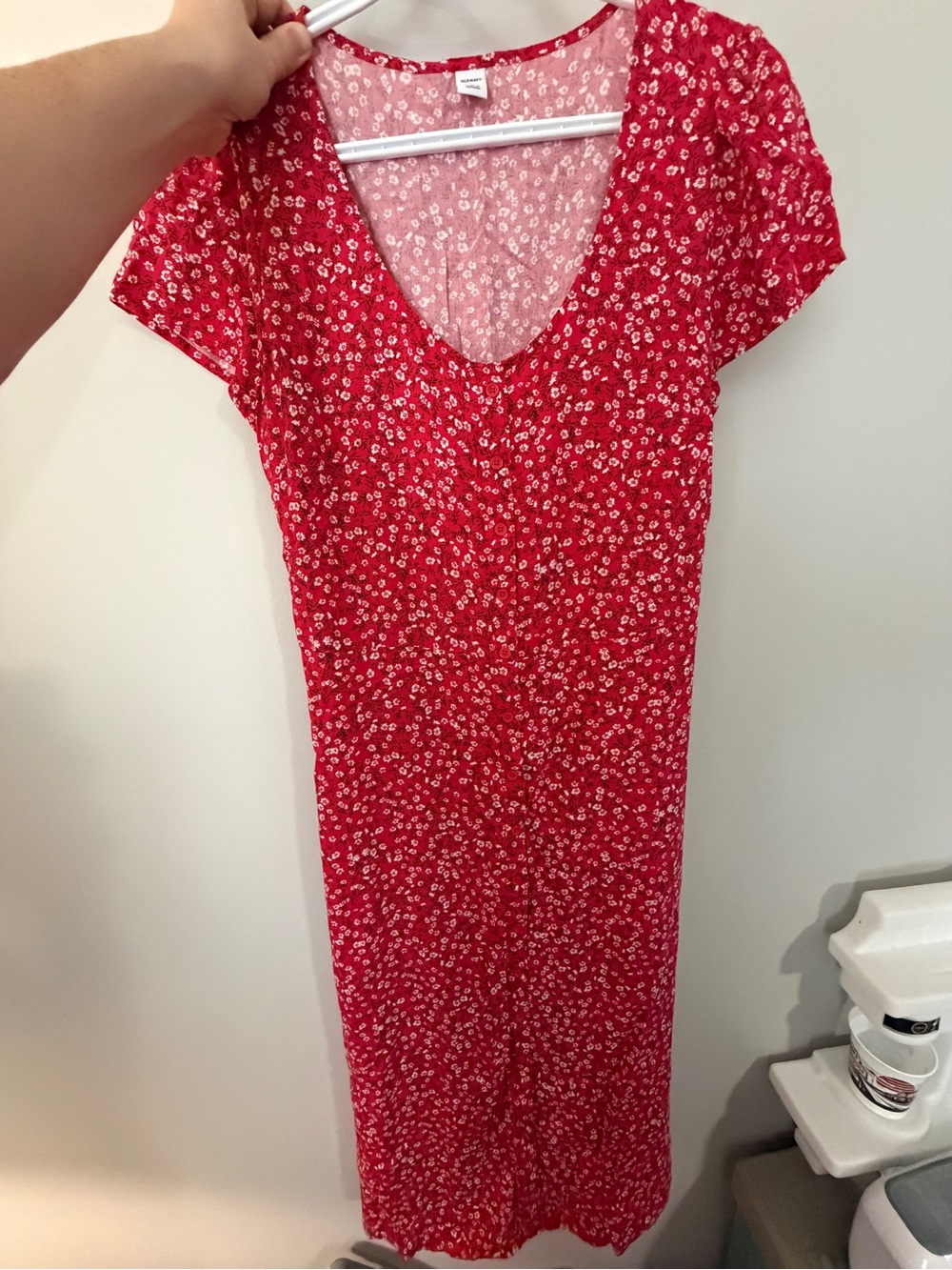 Red Floral V-Neck Midi Dress